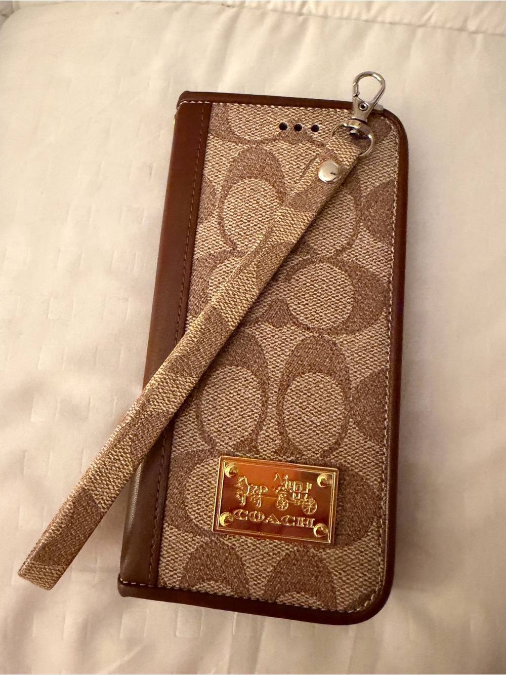 Coach Khaki and Brown Signature Canvas Wristlet Phone Case